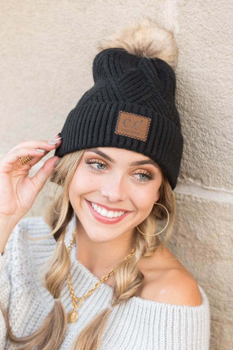 CC Lux Criss Cross Pom Beanie - Straight & Arrow Boutique