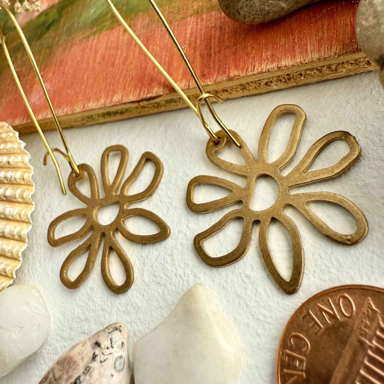 Bouquet Raw Brass Flower Drop Earrings