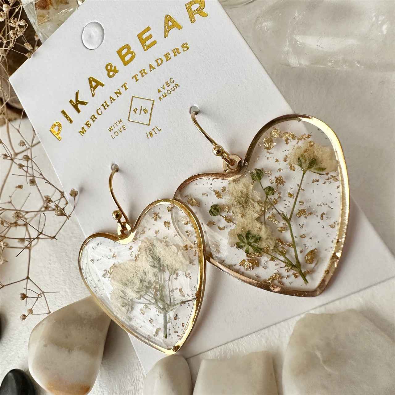 Bronte Resin Heart Earrings with Natural Dried Flowers