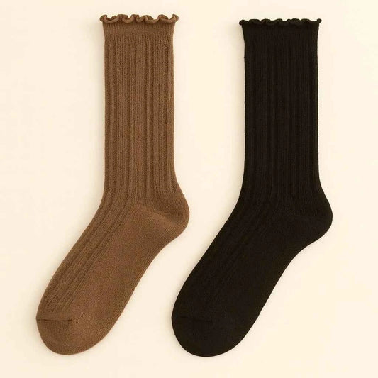 Zooey Pointelle Crew Socks with Ruffled Edge Detail (2 pack)