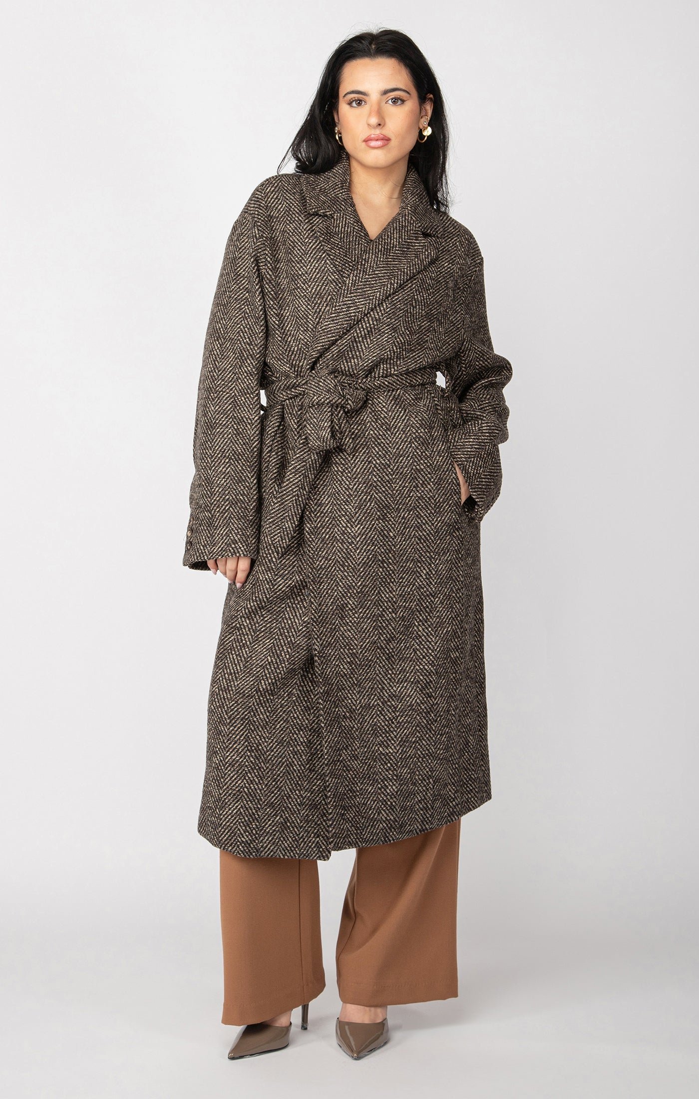 Belted Herringbone Trench Coat - Straight & Arrow Boutique
