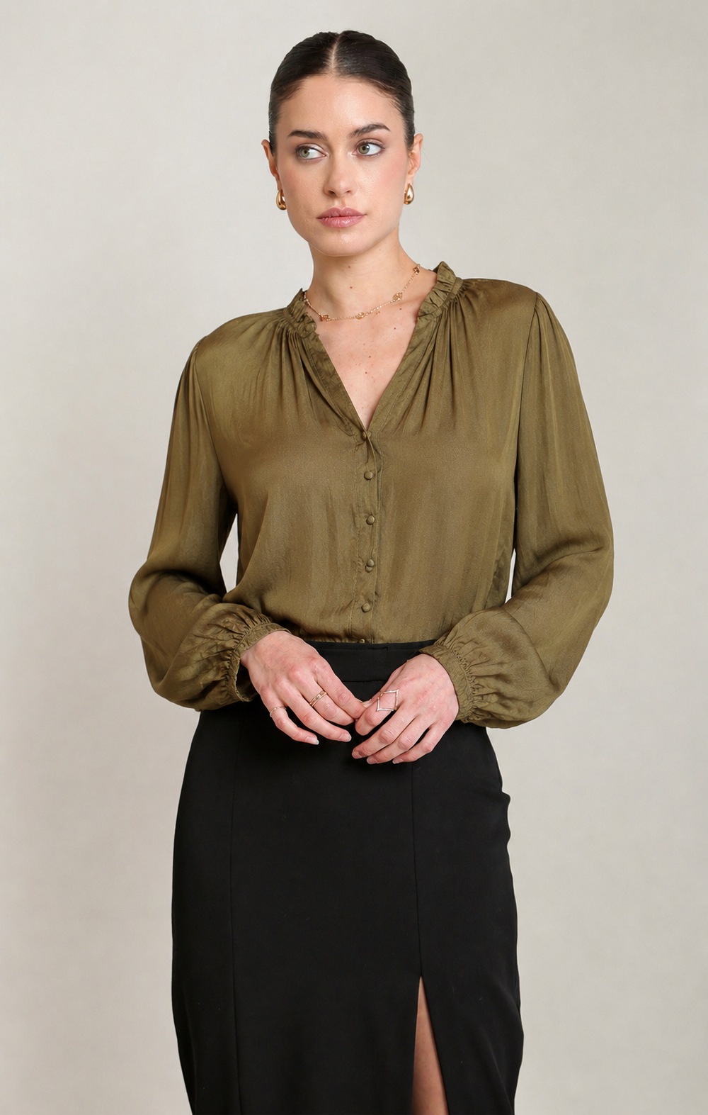 Adeline Satin Button-Up Blouse