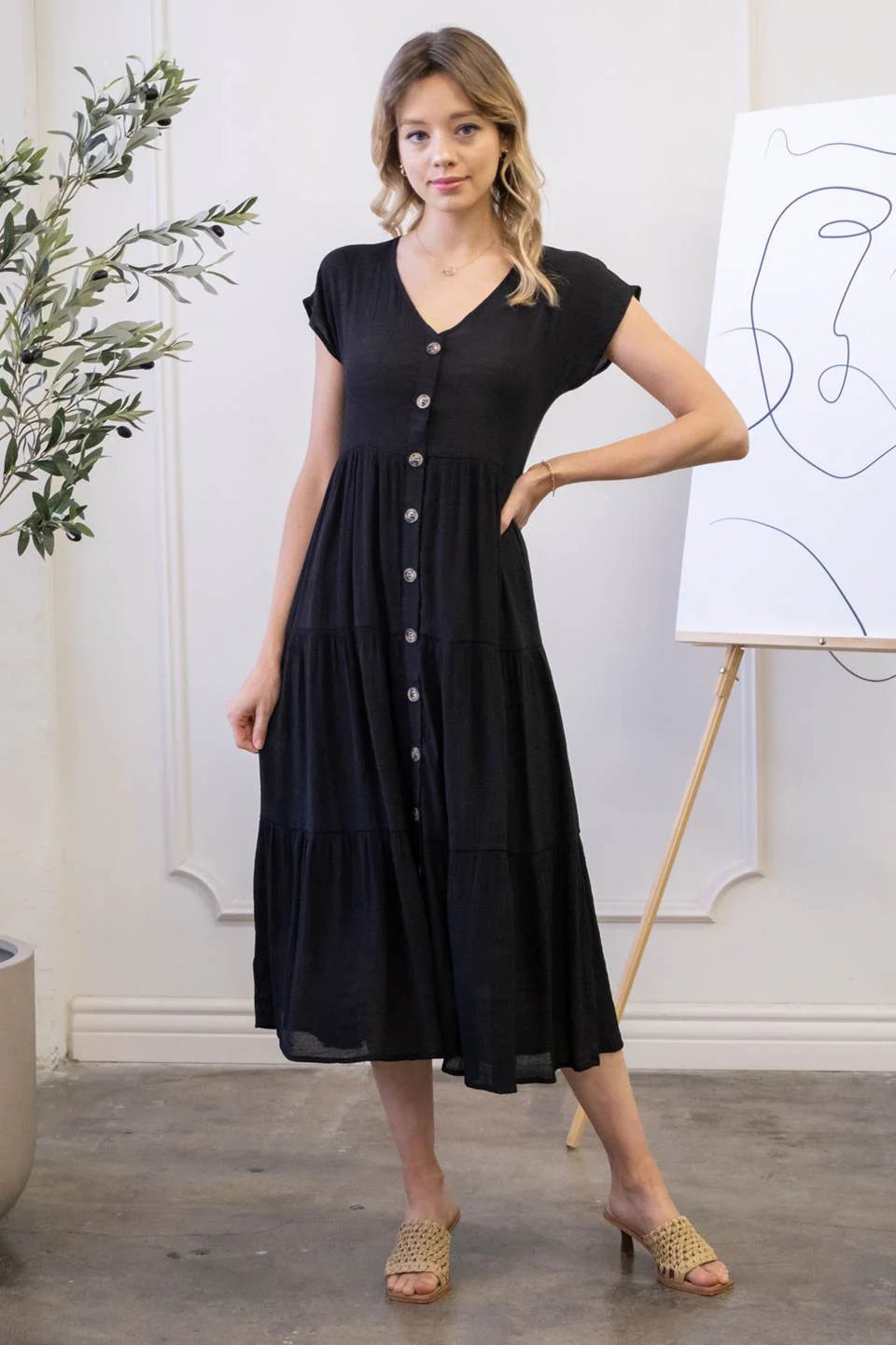 midi dress with buttons down front vneckline short sleeves tiered skirt