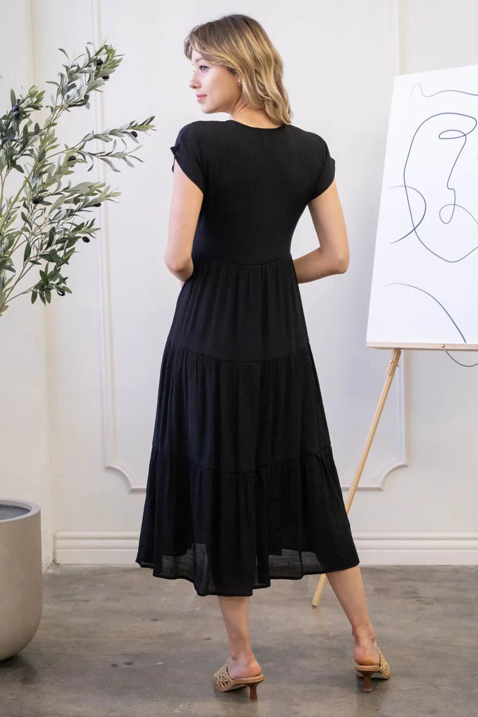 midi dress with buttons down front vneckline short sleeves tiered skirt