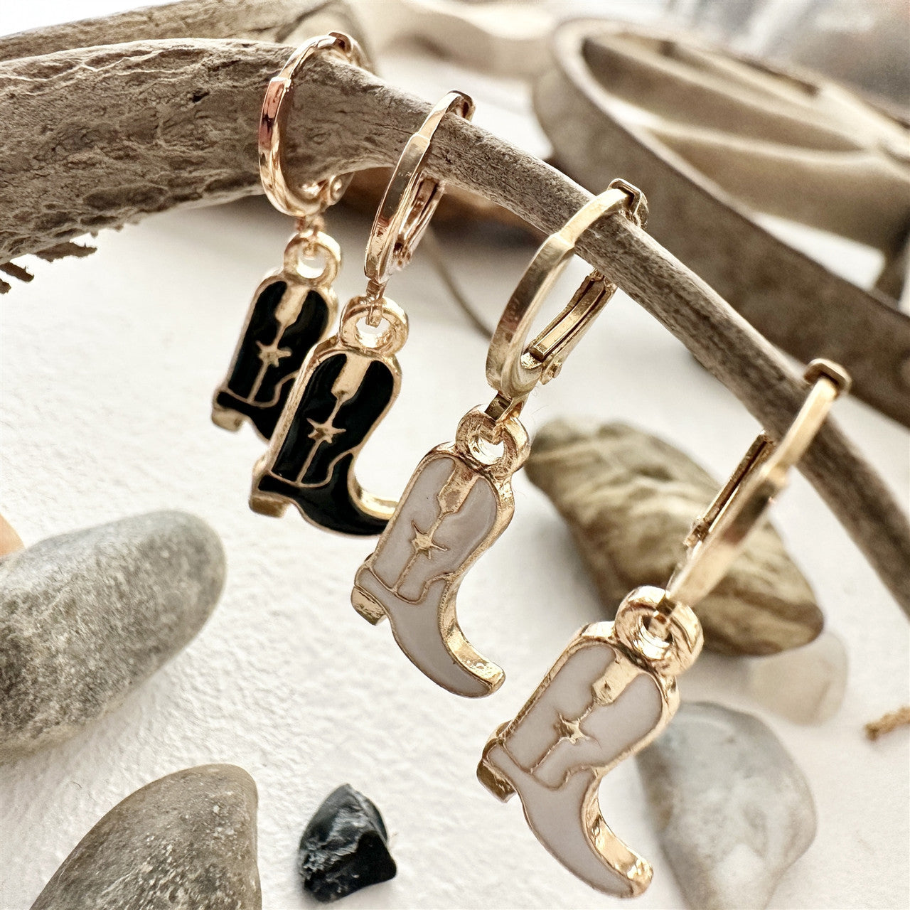 Boot Scootin' Cowboy Boot Charm Hugger Hoop Earrings in Gold