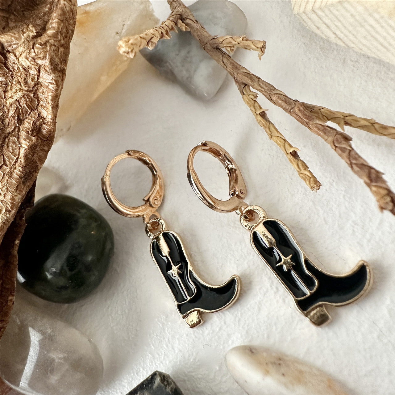 Boot Scootin' Cowboy Boot Charm Hugger Hoop Earrings in Gold
