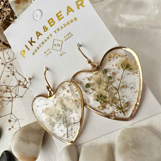 Bronte Resin Heart Earrings with Natural Dried Flowers
