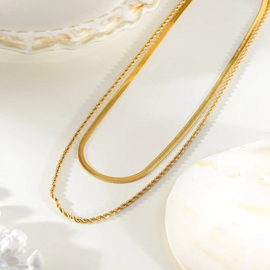 FAWZIA 2-Layered Flat Snake Chain & Rope Chain Necklace