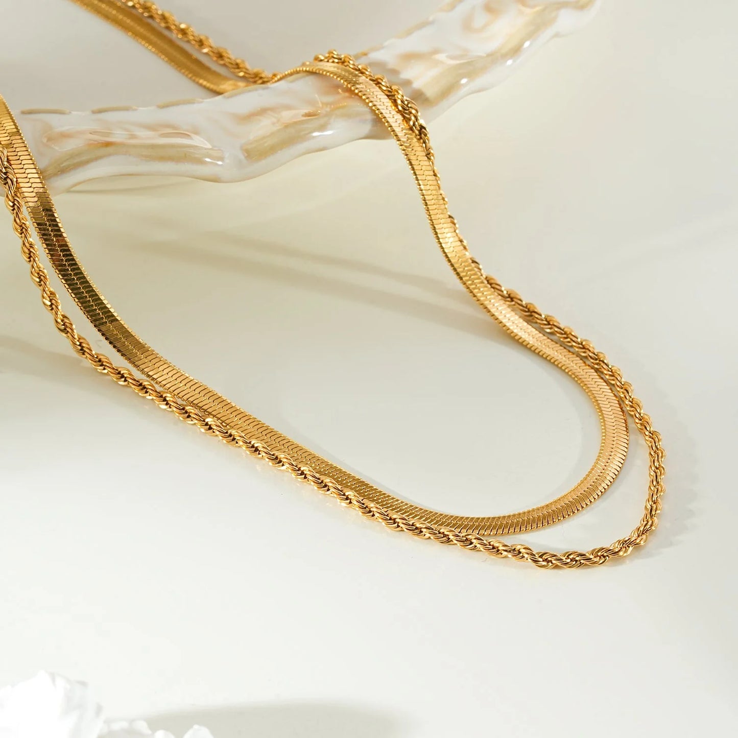FAWZIA 2-Layered Flat Snake Chain & Rope Chain Necklace