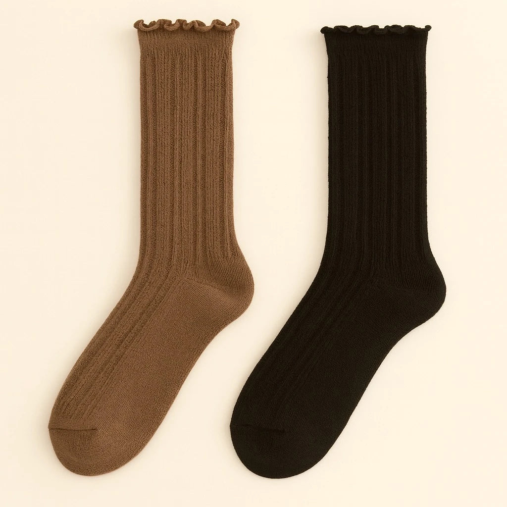Zooey Pointelle Crew Socks with Ruffled Edge Detail (2 pack)