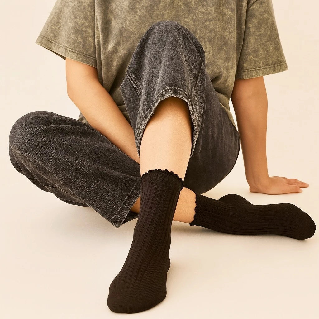 Zooey Pointelle Crew Socks with Ruffled Edge Detail (2 pack)
