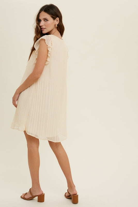 pleated mini dress with short ruffled sleeves