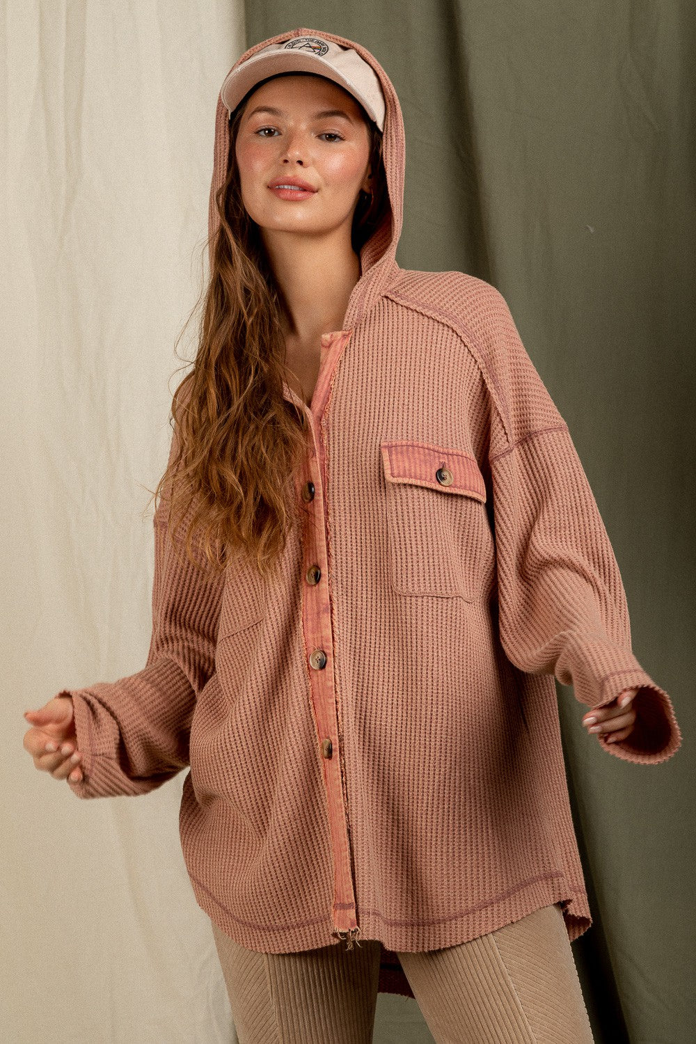 waffle knit button up shacket with hood
