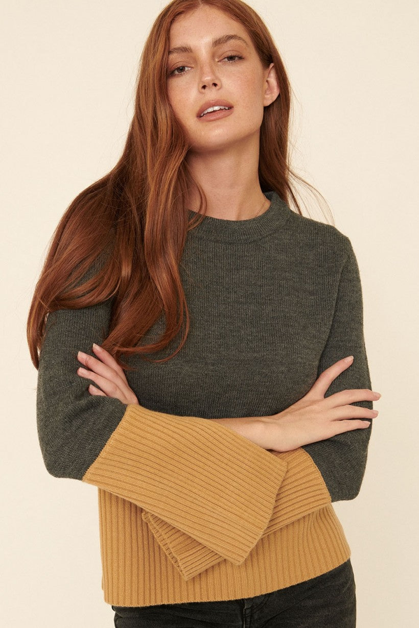 Long sleeve knit sweater with lower one third a light mustard yellow and the top a greyish olive colour