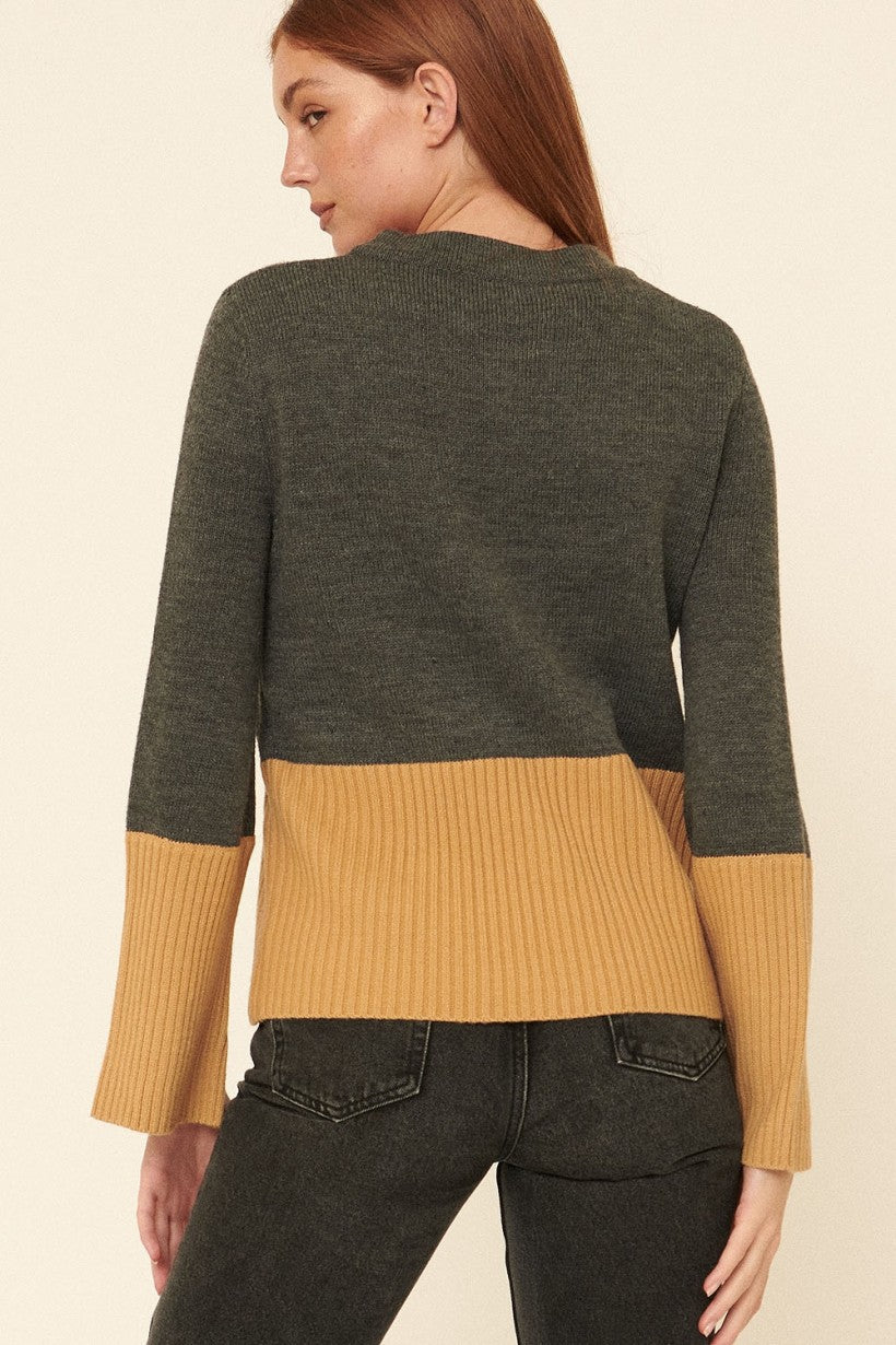 Long sleeve knit sweater with lower one third a light mustard yellow and the top a greyish olive colour